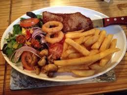Steak, Chips and Onion Rings.