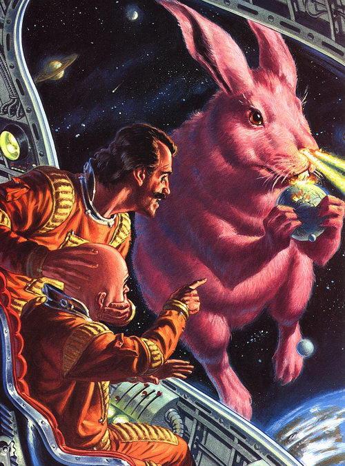 Pink rabbit shooting lasers out its nose while holding a planet while some astronauts look on